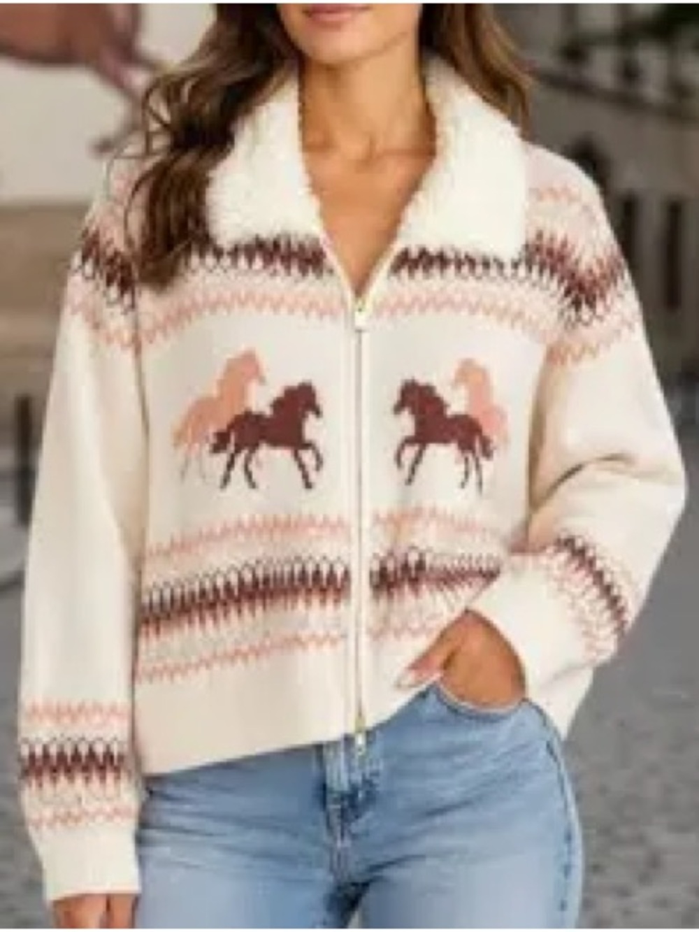 Altar’d State Cream Zip-Front Horse Fair Isle Sweater with Sherpa Collar